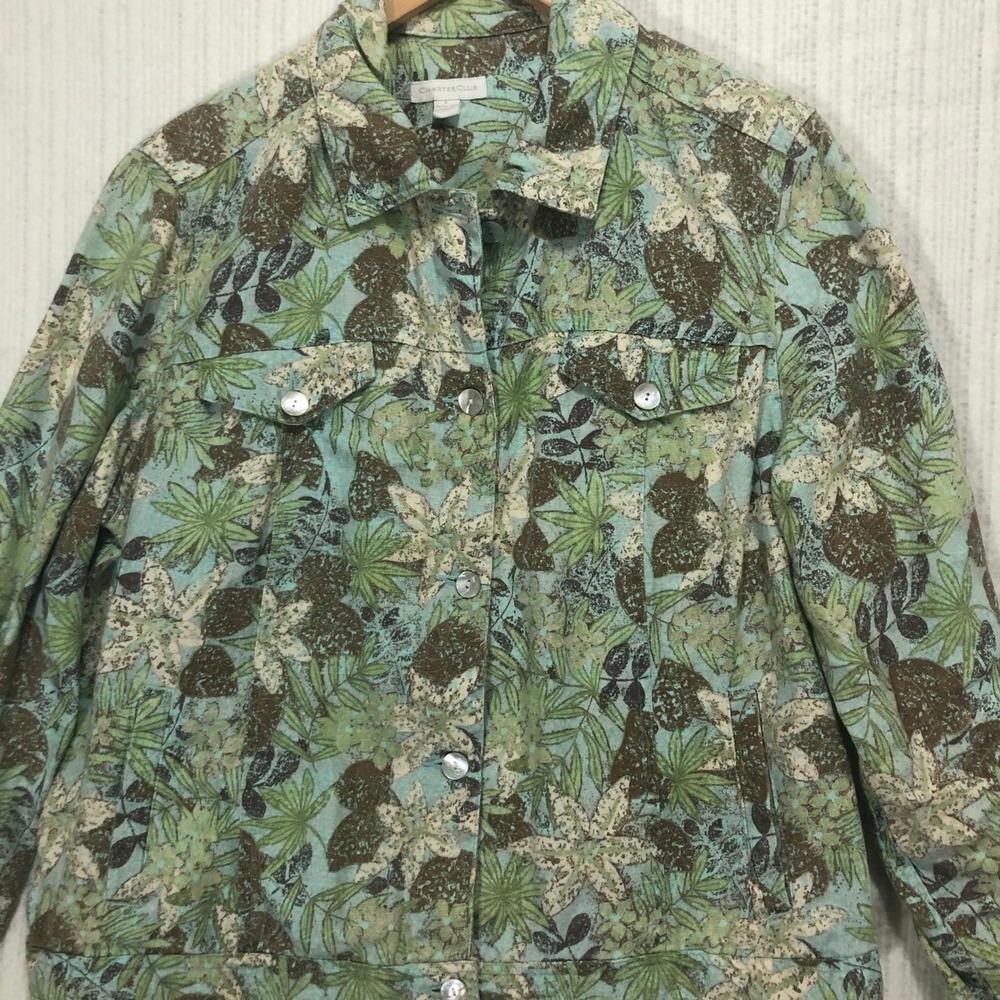 Charter Club Floral Print Linen Jacket Button Front Lightweight Size L